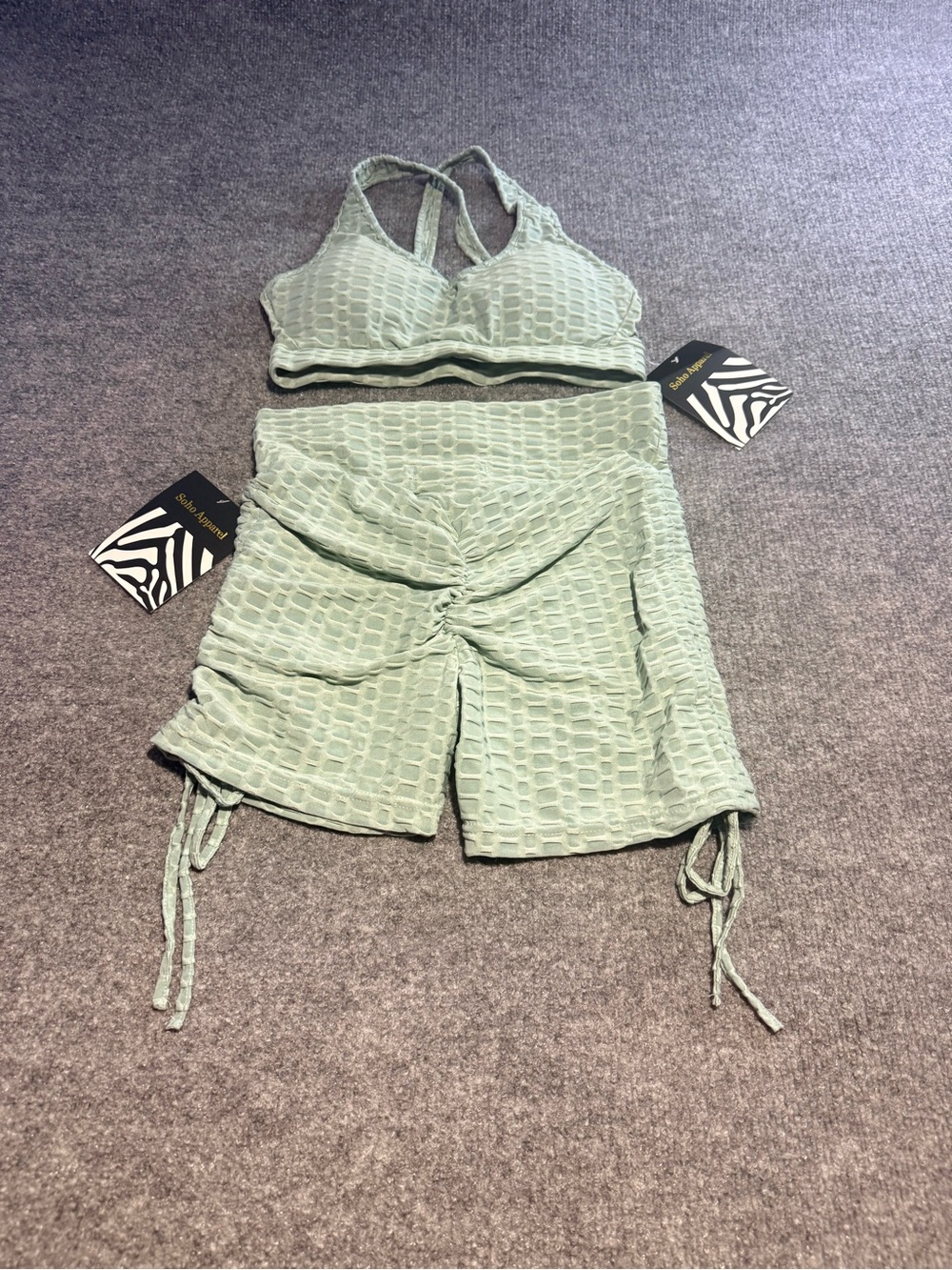 Soho Apparel Sage Green Textured Waffle Bralette & Ruched Shorts Set